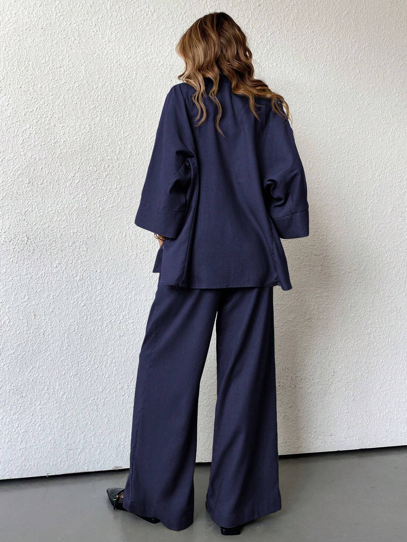 Women Blended Side Slit Loose Shirt & Wide Leg High Waist Pants Set