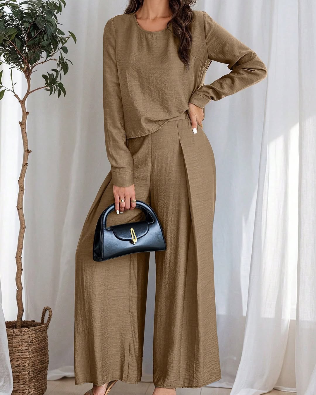 Women's Elegant Solid Color Crew Neck Long Sleeve Top And Pants Set