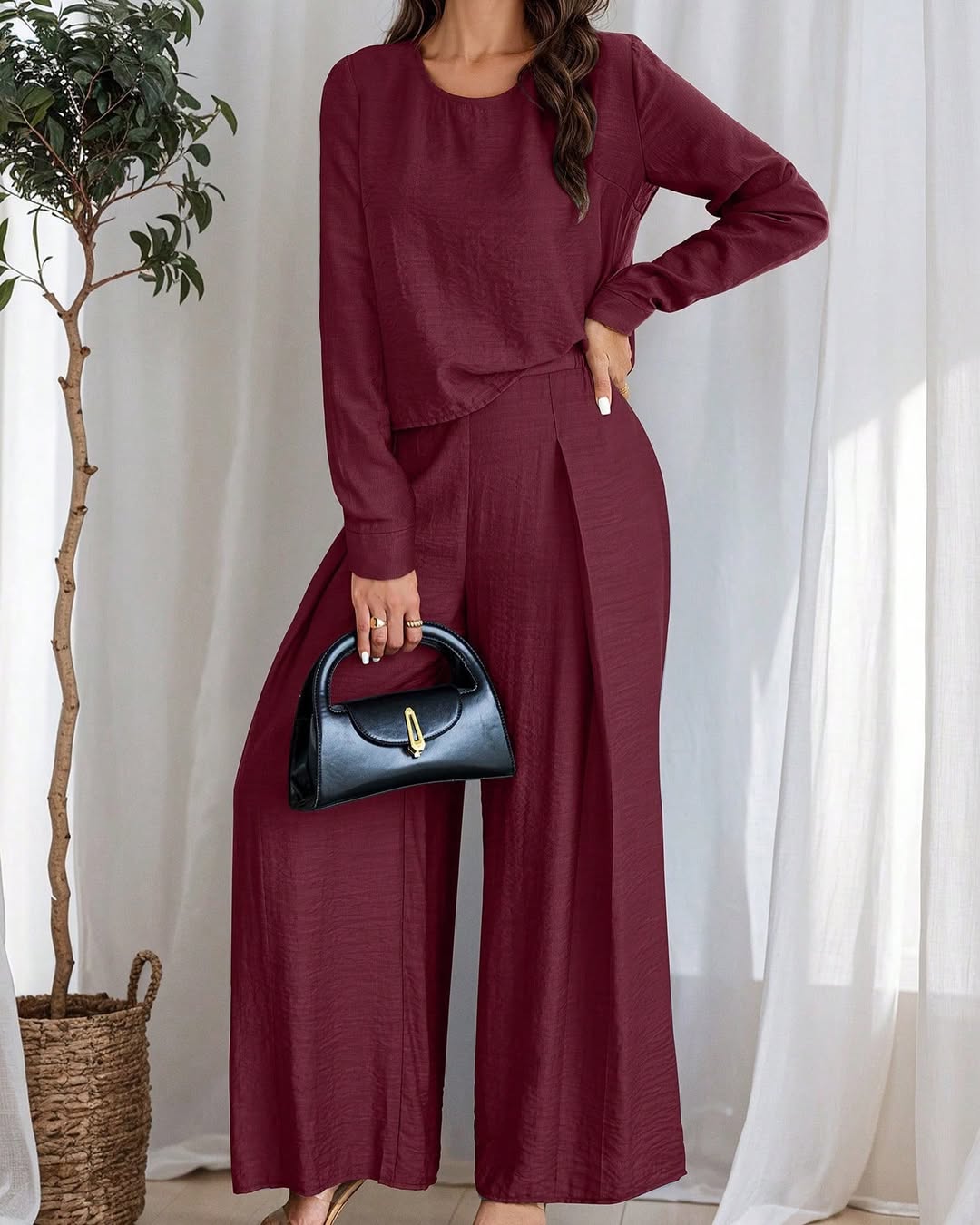 Women's Elegant Solid Color Crew Neck Long Sleeve Top And Pants Set