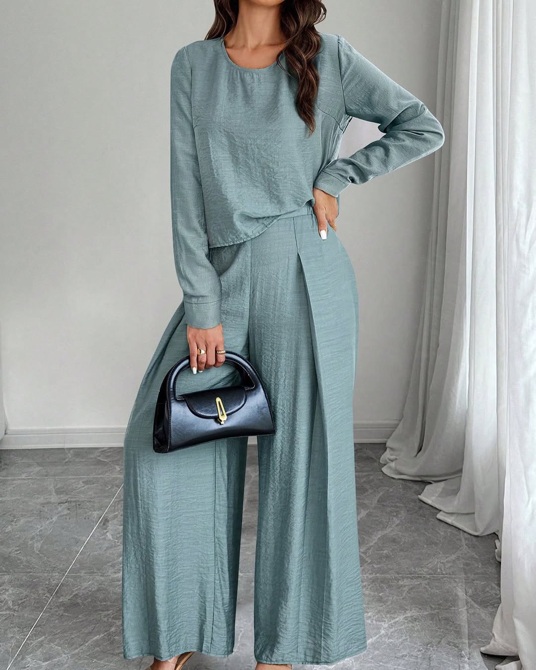 Women's Elegant Solid Color Crew Neck Long Sleeve Top And Pants Set