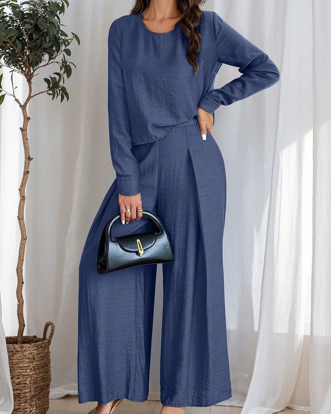 Women's Elegant Solid Color Crew Neck Long Sleeve Top And Pants Set