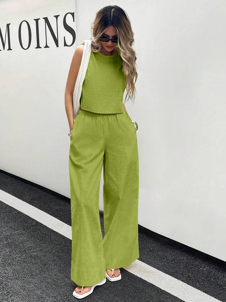 WOMEN'S PLAIN CROP TOP & TROUSERS CO-ORDER SET