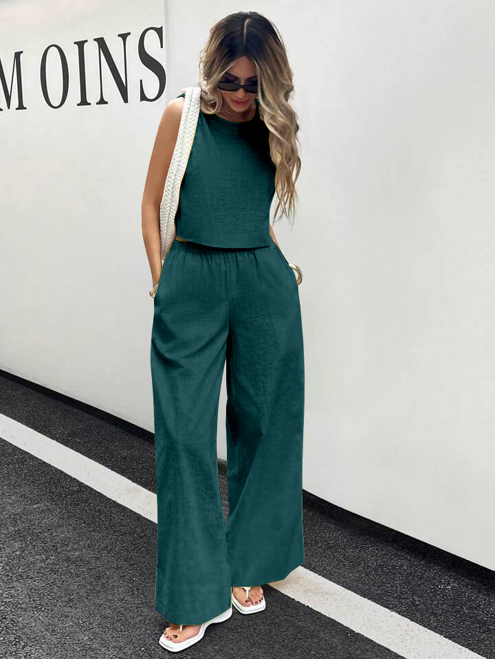 WOMEN'S PLAIN CROP TOP & TROUSERS CO-ORDER SET