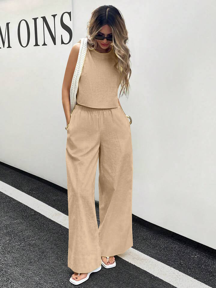 WOMEN'S PLAIN CROP TOP & TROUSERS CO-ORDER SET