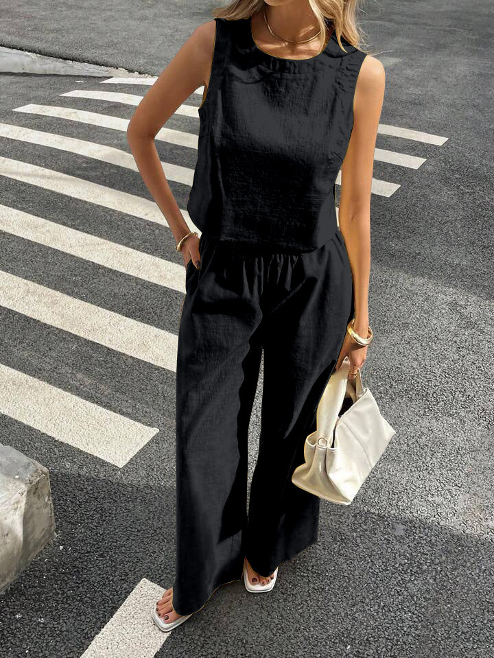 WOMEN'S PLAIN CROP TOP & TROUSERS CO-ORDER SET