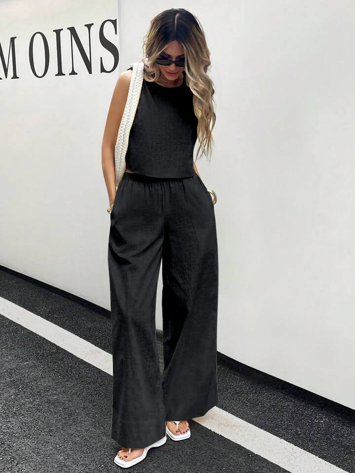 WOMEN'S PLAIN CROP TOP & TROUSERS CO-ORDER SET