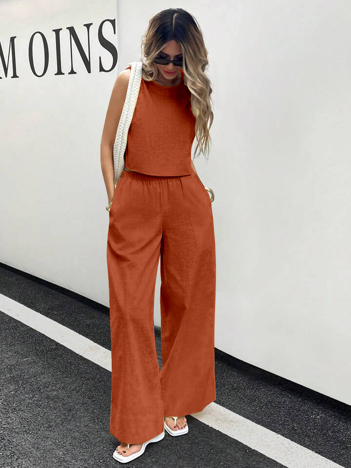 WOMEN'S PLAIN CROP TOP & TROUSERS CO-ORDER SET