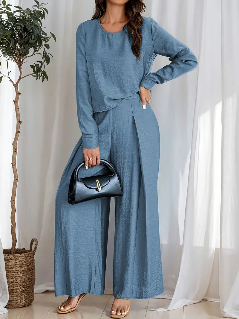 Women's Elegant Solid Color Crew Neck Long Sleeve Top And Pants Set