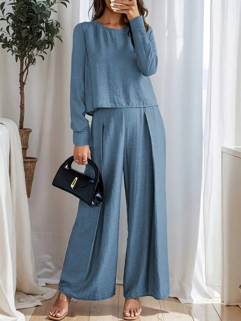 Women's Elegant Solid Color Crew Neck Long Sleeve Top And Pants Set