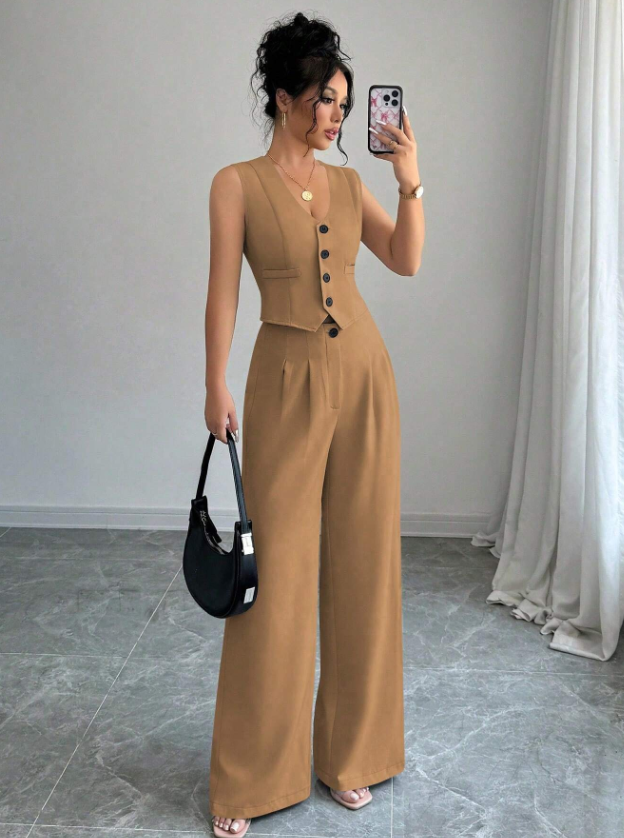 Women  Sleeveless Blazer Top And Pants Casual Suit Set