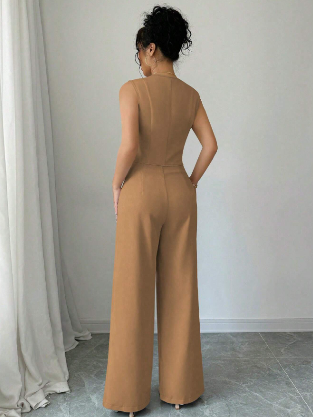 Women  Sleeveless Blazer Top And Pants Casual Suit Set