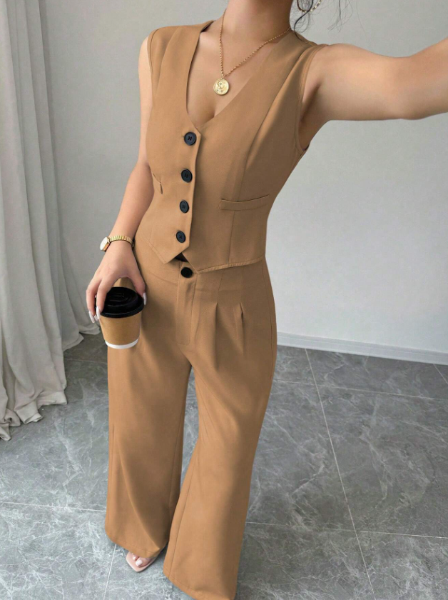 Women  Sleeveless Blazer Top And Pants Casual Suit Set