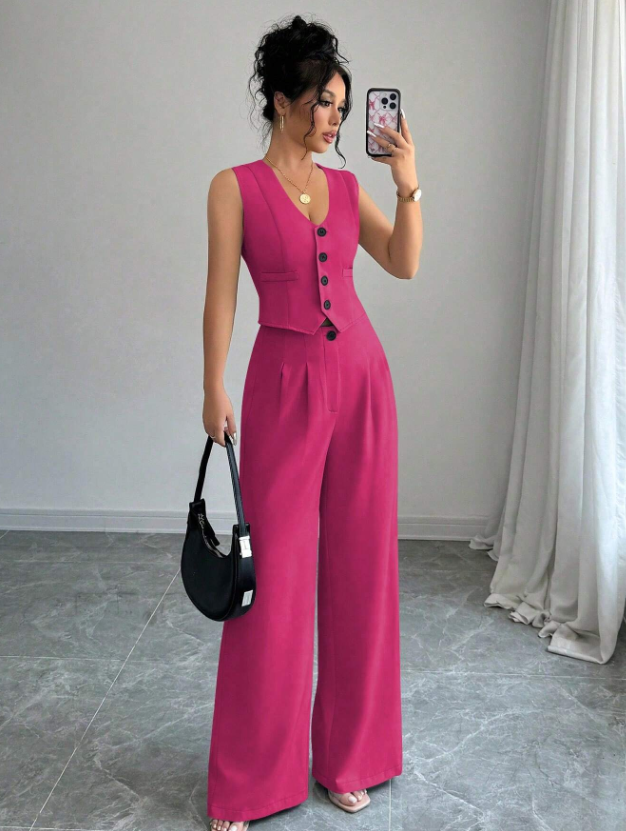 Women  Sleeveless Blazer Top And Pants Casual Suit Set