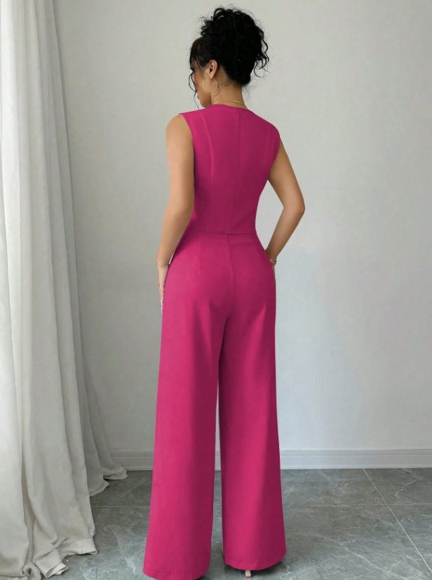 Women  Sleeveless Blazer Top And Pants Casual Suit Set