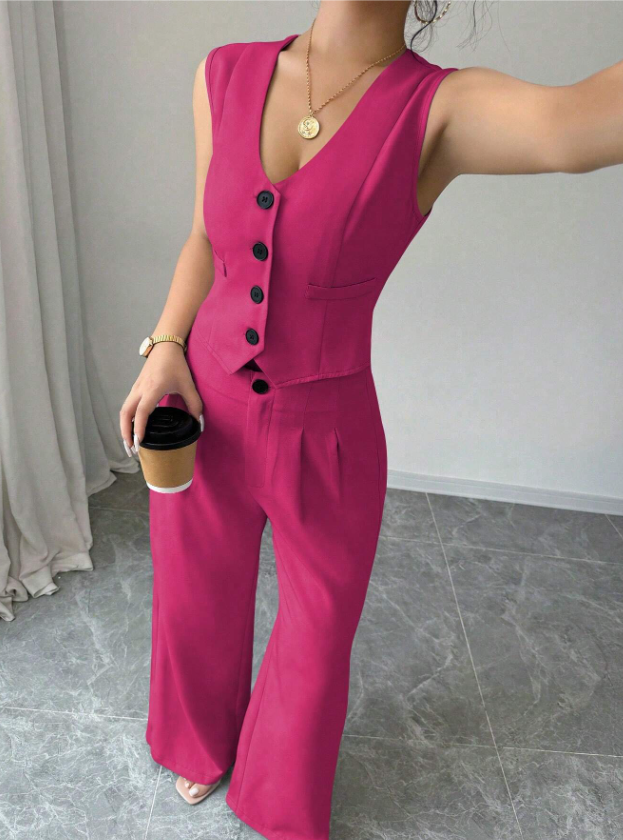 Women  Sleeveless Blazer Top And Pants Casual Suit Set