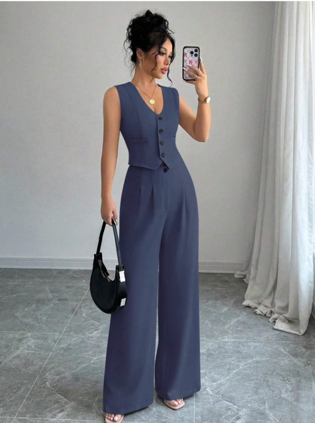 Women Sleeveless Blazer Top And Pants Casual Suit Set