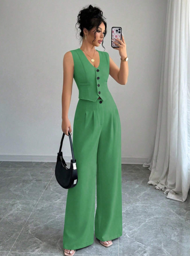Women Sleeveless Blazer Top And Pants Casual Suit Set