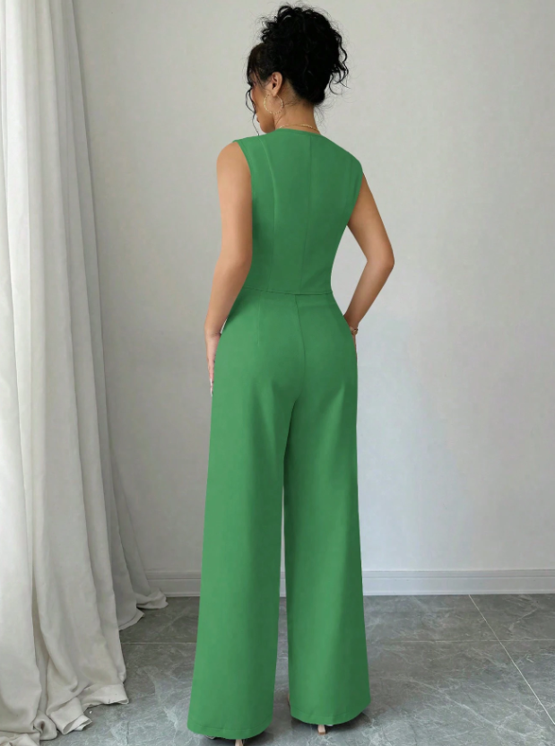 Women Sleeveless Blazer Top And Pants Casual Suit Set