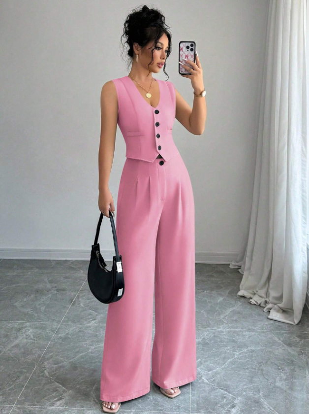 Women Sleeveless Blazer Top And Pants Casual Suit Set