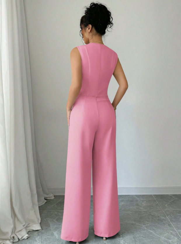 Women Sleeveless Blazer Top And Pants Casual Suit Set