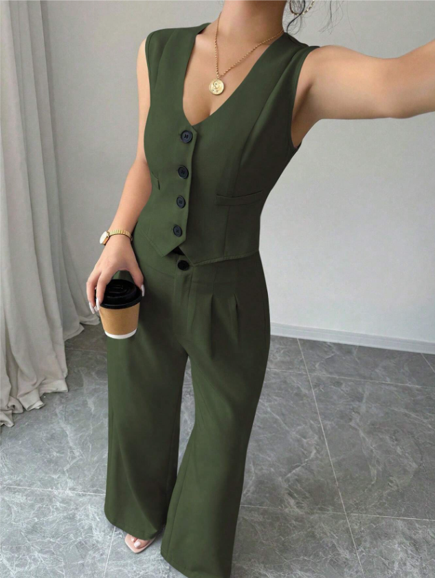 Women Sleeveless Blazer Top And Pants Casual Suit Set