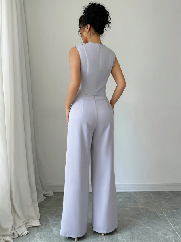 Women Sleeveless Blazer Top And Pants Casual Suit Set