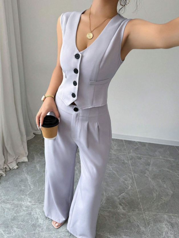 Women Sleeveless Blazer Top And Pants Casual Suit Set