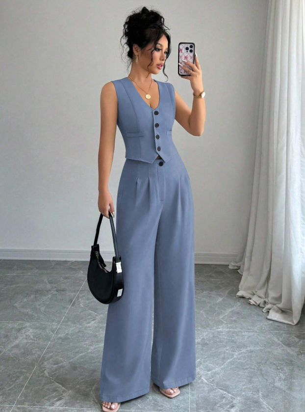 Women Sleeveless Blazer Top And Pants Casual Suit Set