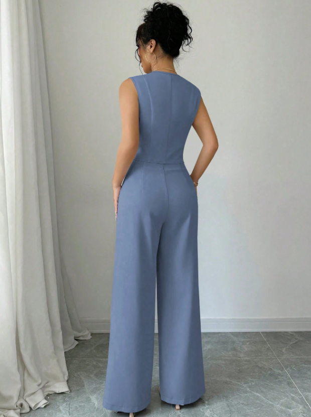 Women Sleeveless Blazer Top And Pants Casual Suit Set
