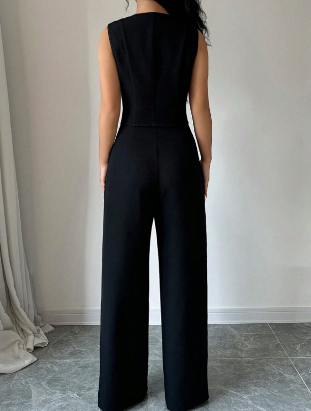 Women Sleeveless Blazer Top And Pants Casual Suit Set