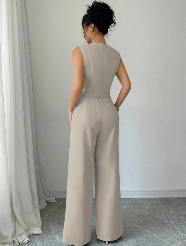 Women Sleeveless Blazer Top And Pants Casual Suit Set