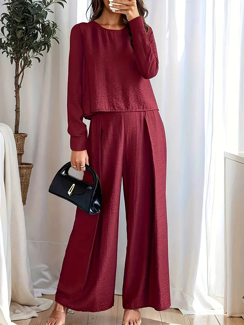 Women's Elegant Solid Color Crew Neck Long Sleeve Top And Pants Set
