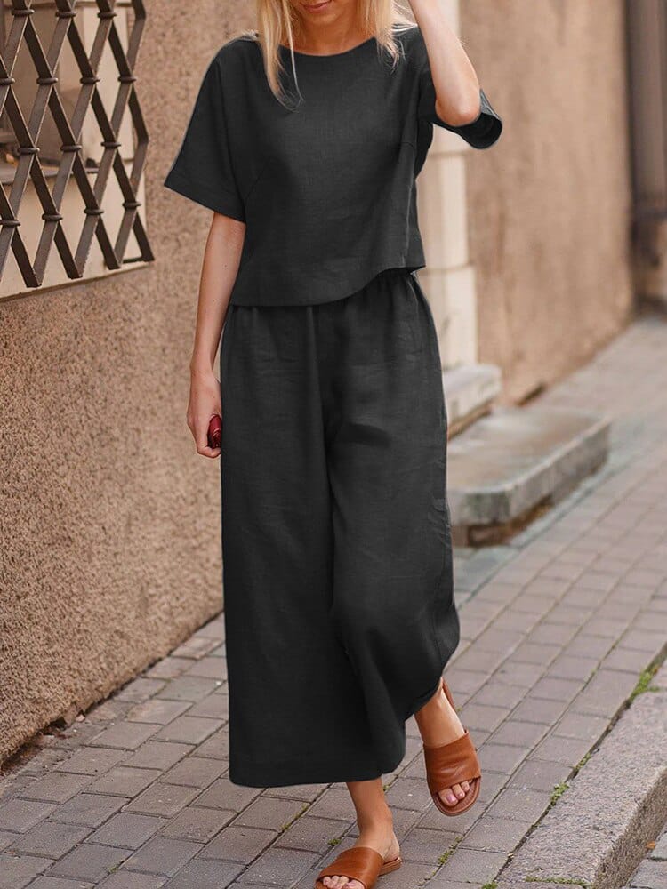WOMEN PLAIN CROP TOP & TROUSERS CO-ORDER SET