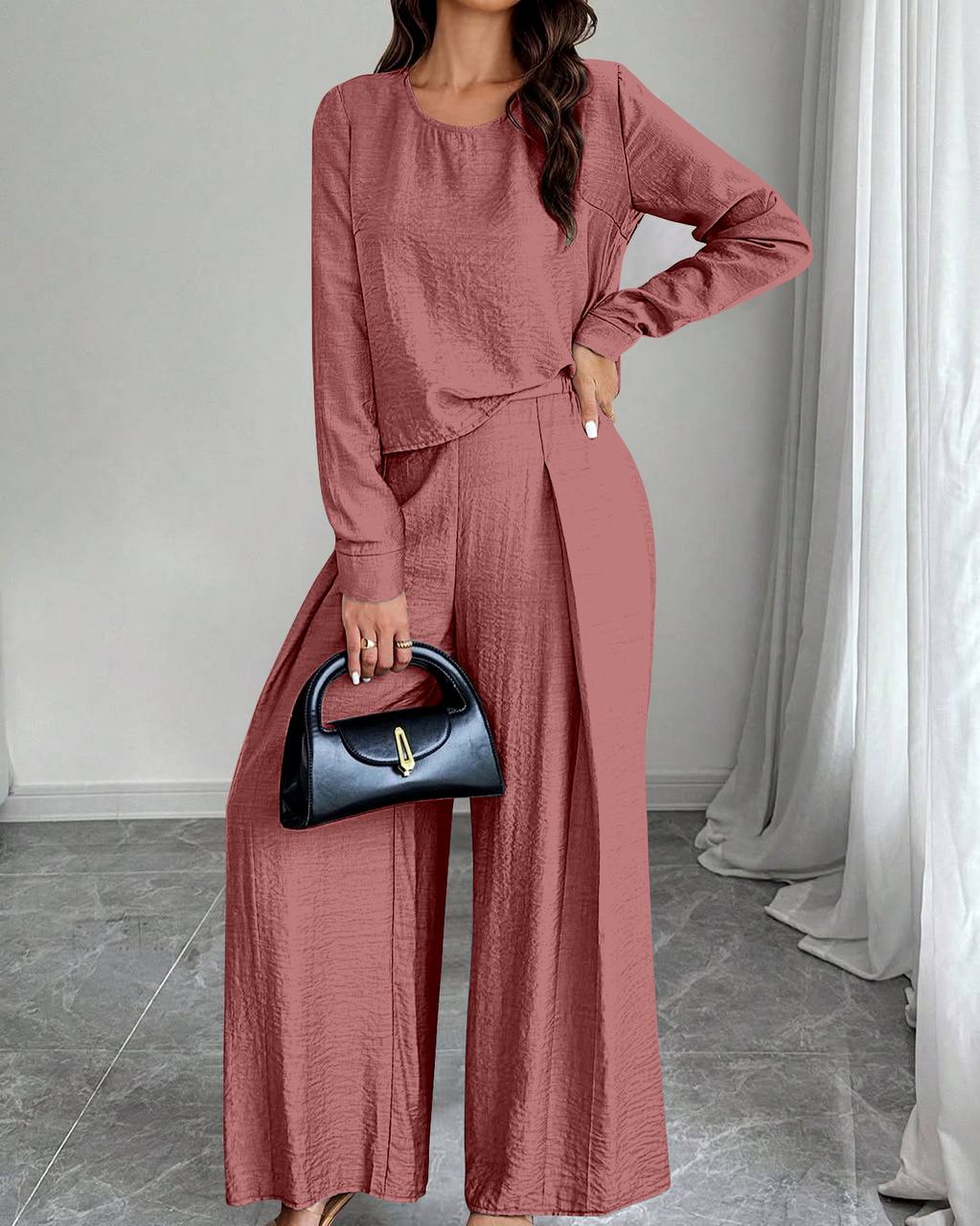 Women's Elegant Solid Color Crew Neck Long Sleeve Top And Pants Set