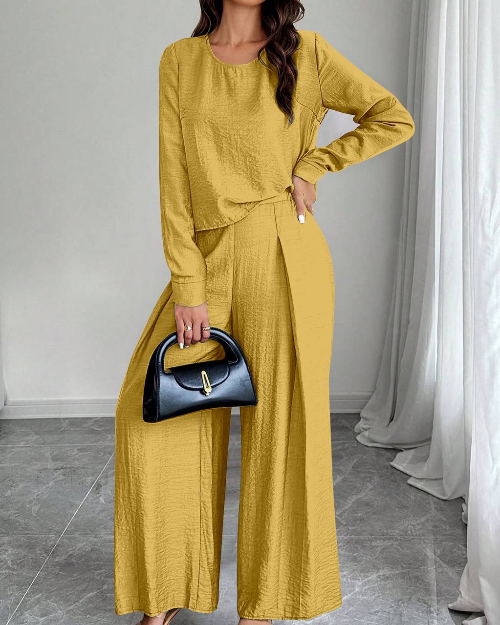 Women's Elegant Solid Color Crew Neck Long Sleeve Top And Pants Set