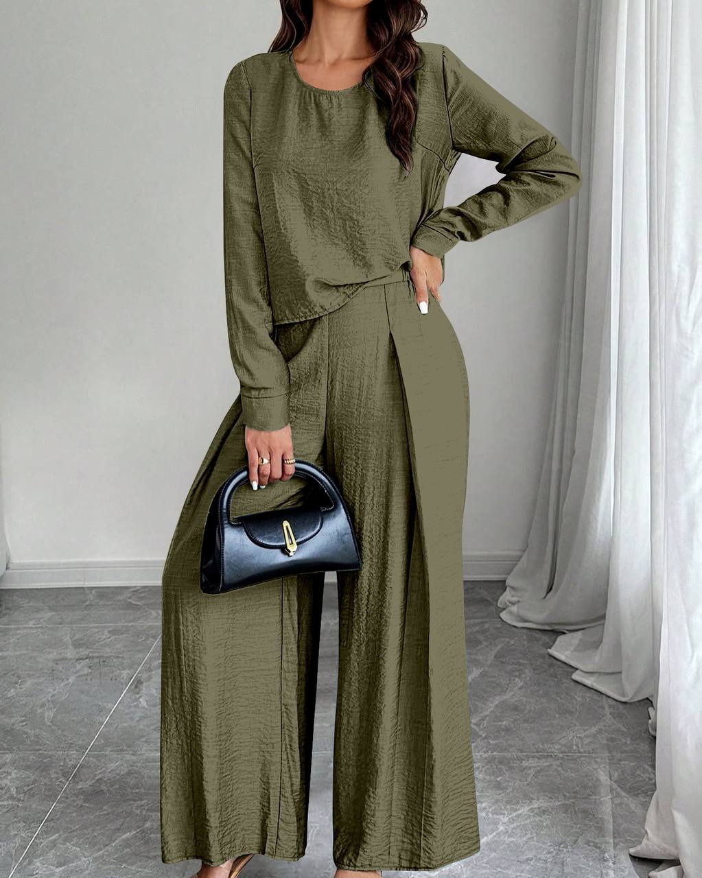 Women's Elegant Solid Color Crew Neck Long Sleeve Top And Pants Set