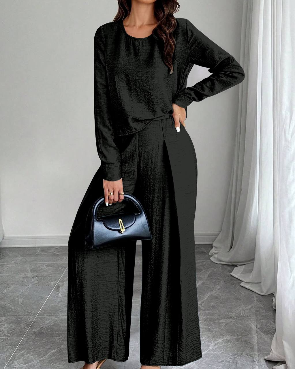 Women's Elegant Solid Color Crew Neck Long Sleeve Top And Pants Set
