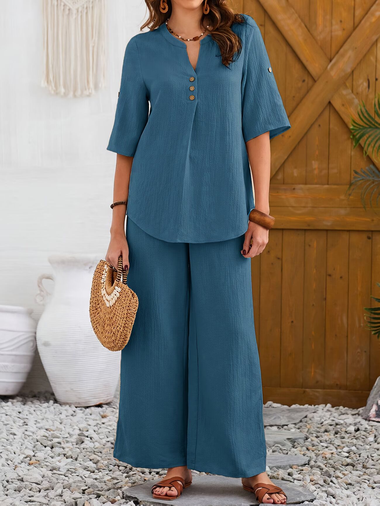 Women's Casual Notched Neck Short Sleeve Top And Pants Set