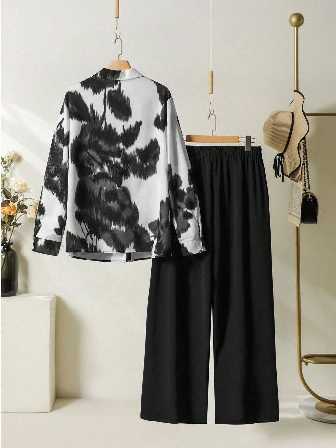 Women's Printed Top And Solid Color Long Pants Simple Daily Wear