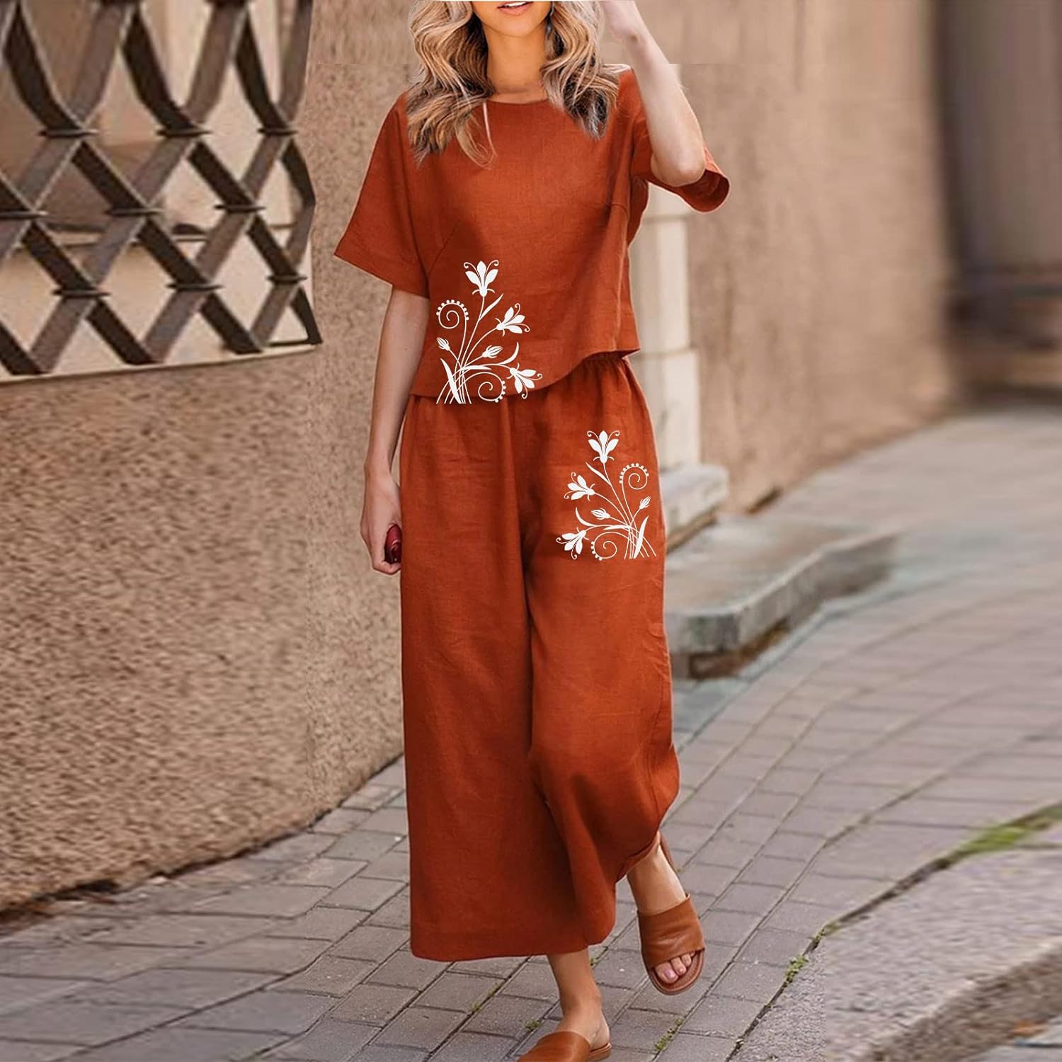 Women Cotton Printed Floral Crop Top & Trousers Co-Order Set