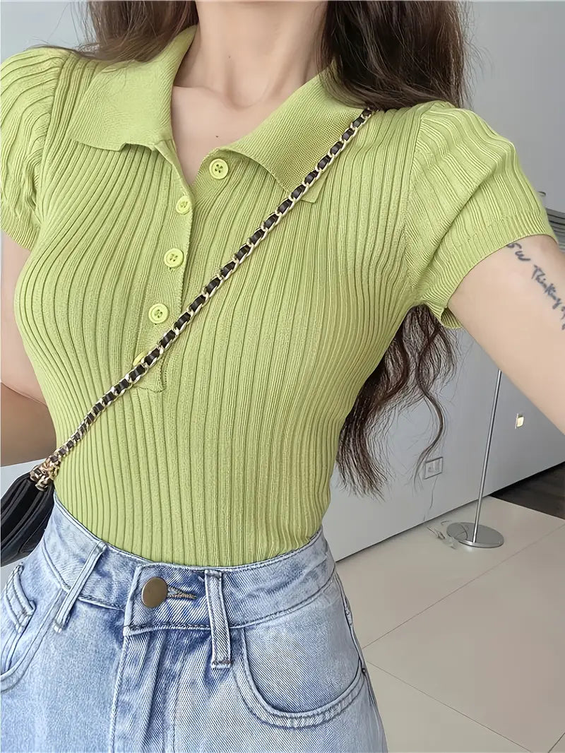 Button Front V Neck Knit T-Shirt, Elegant Short Sleeve Slim Summer Knit T-Shirt