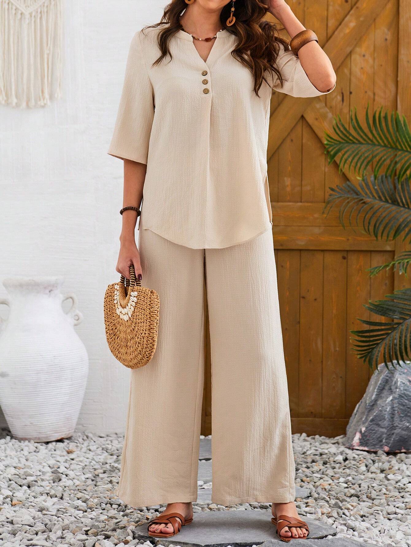 Women's Casual Notched Neck Short Sleeve Top And Pants Set