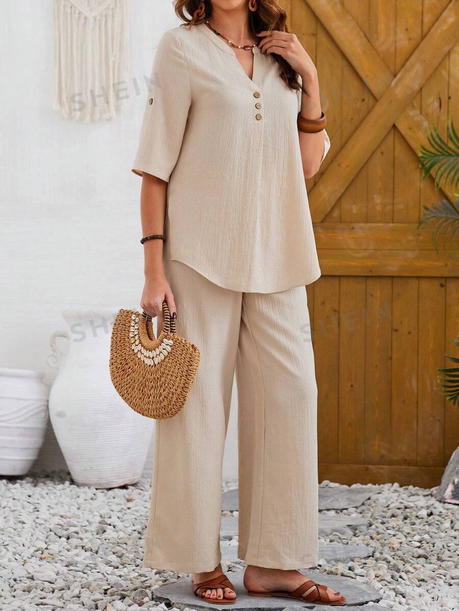 Women's Casual Notched Neck Short Sleeve Top And Pants Set