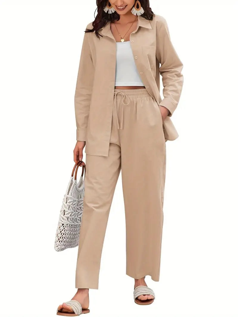 Women Cotton Co-Ord Set Two Piece Outfits Linen Shirt and Pants Set