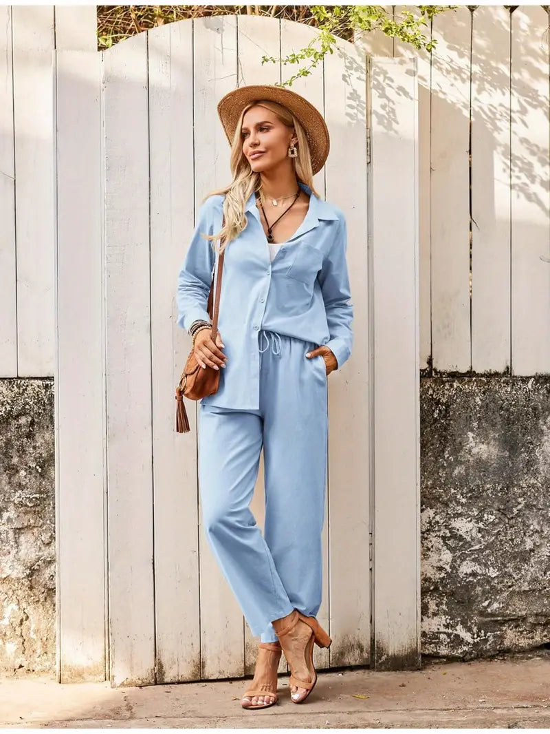 Women Cotton Co-Ord Set Two Piece Outfits Linen Shirt and Pants Set