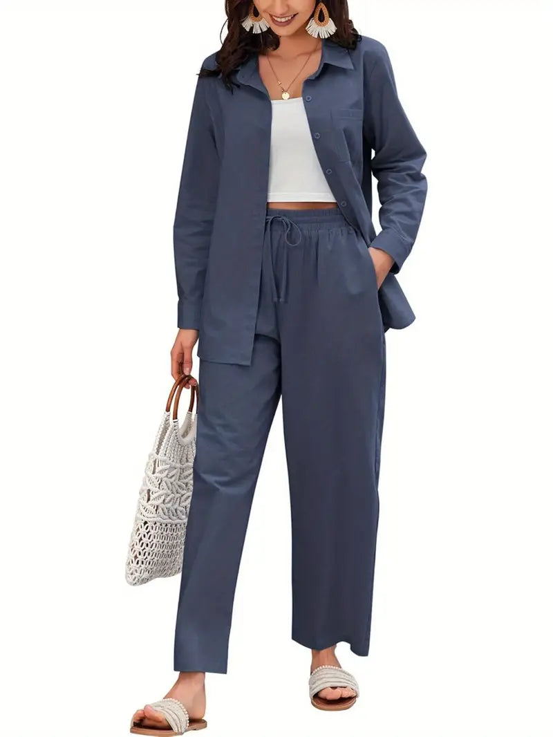 Women Cotton Co-Ord Set Two Piece Outfits Linen Shirt and Pants Set