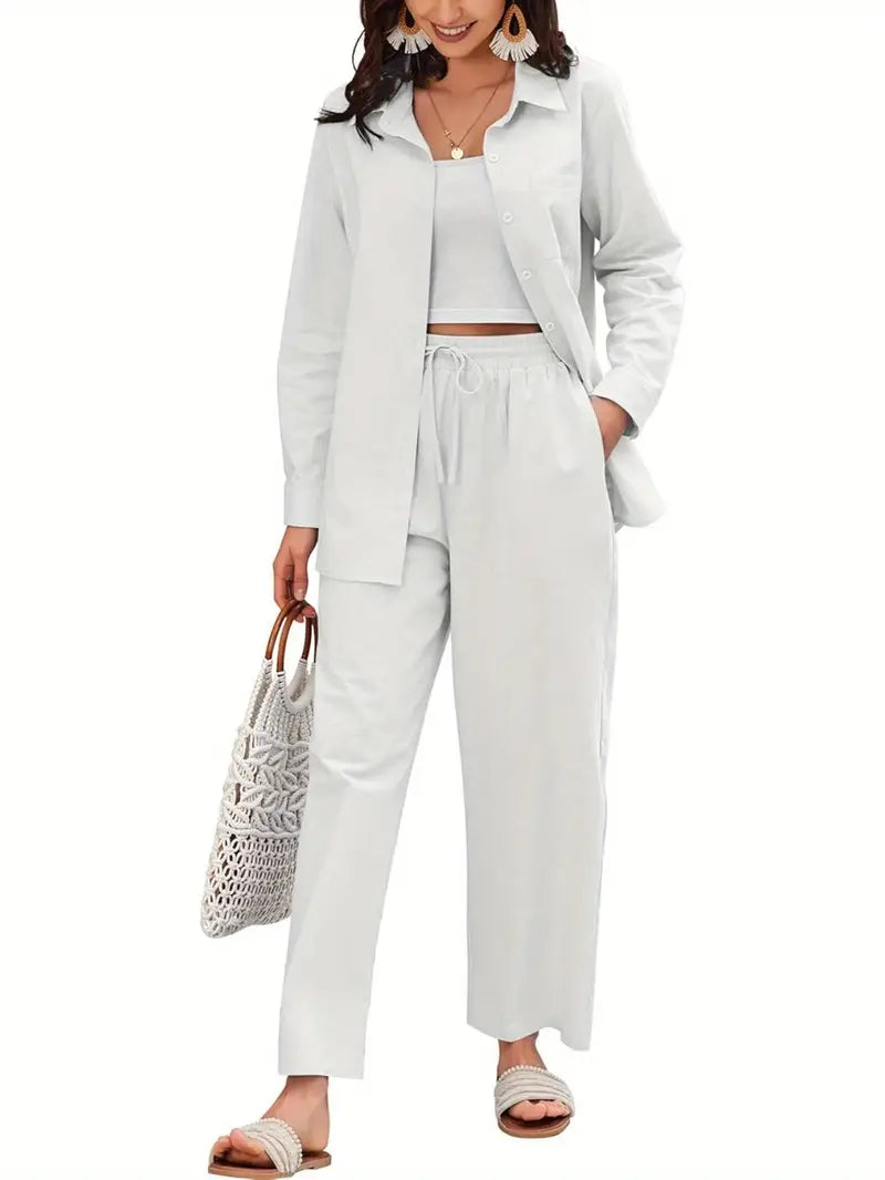 Women Cotton Co-Ord Set Two Piece Outfits Linen Shirt and Pants Set