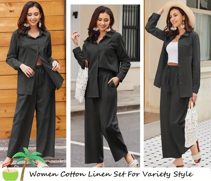 Women Cotton Co-Ord Set Two Piece Outfits Linen Shirt and Pants Set