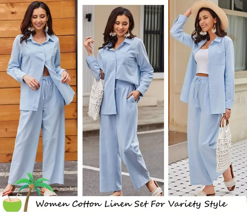 Women Cotton Co-Ord Set Two Piece Outfits Linen Shirt and Pants Set