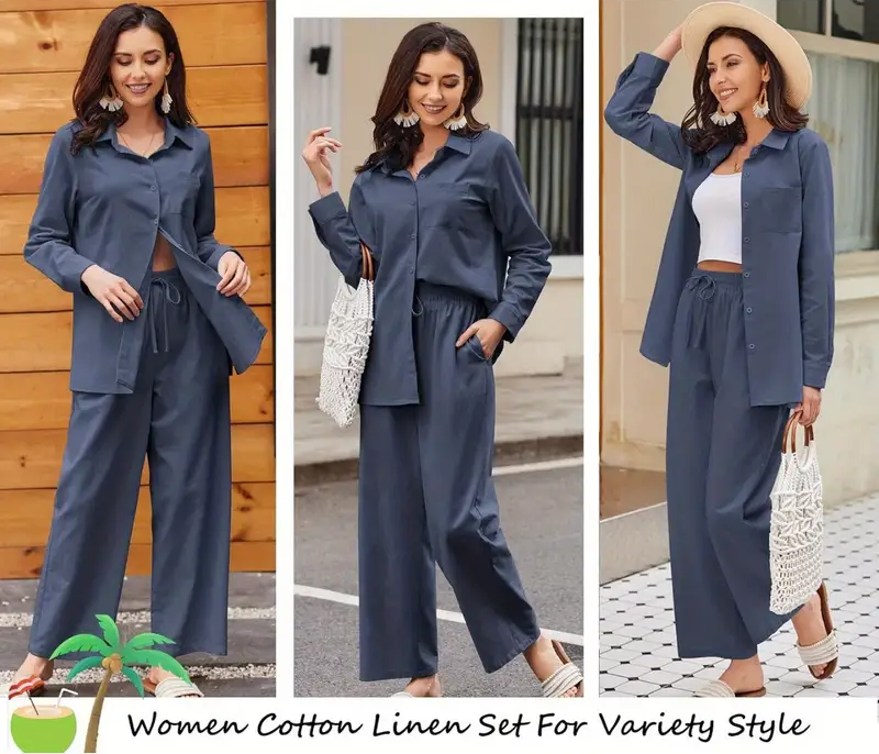 Women Cotton Co-Ord Set Two Piece Outfits Linen Shirt and Pants Set